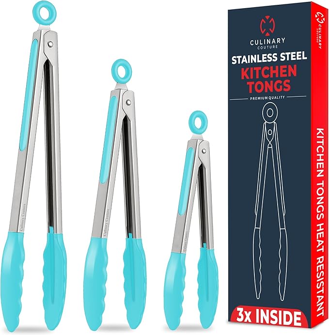 Kitchen Tongs with Silicone Tips Set of 3 Heat Resistant Tongs for Serving Food, 7-Inch, 9-Inch, 12-Inch Locking Silicone Tongs for Cooking, Salad Tong, Aqua Kitchen Utensils by CulinaryCouture