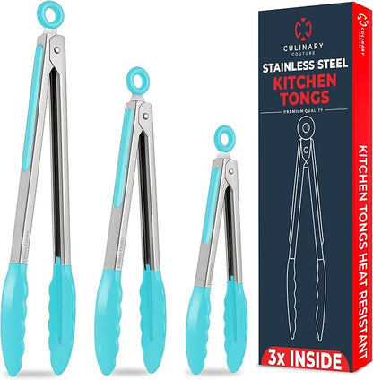 Kitchen Tongs with Silicone Tips Set of 3 Heat Resistant Tongs for Serving Food, 7-Inch, 9-Inch, 12-Inch Locking Silicone Tongs for Cooking, Salad Tong, Aqua Kitchen Utensils by CulinaryCouture