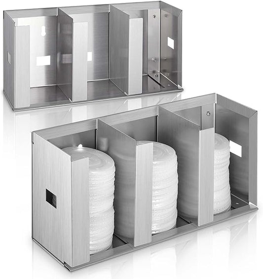 Hicarer 3 Compartments Stainless Steel Cup Dispenser with Adjustable Dividers Silver Cup and Lid Holder Lid Organizer Storage for Cabinet Kitchen Cafe Tea Shop Restaurant, Silver by Hicarer