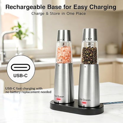 StarOcean Electric Salt and Pepper Grinder Set, Automatic Gravity Grinder with Rechargeable Base, 5 Adjustable Coarseness, Leak-Proof & Mess-Free, USB-C Charging, Stainless Steel