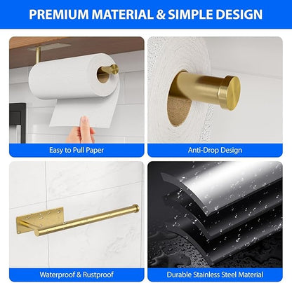 Paper Towel Holder Under Cabinet, Self-Adhesive,No Drilling, Stainless Steel, Wall-Mounted for Kitchen and Bathroom, Easy Install, Durable, Space-Saving, Ideal for Home, RV (Gold, 2 Pack) - Image 3