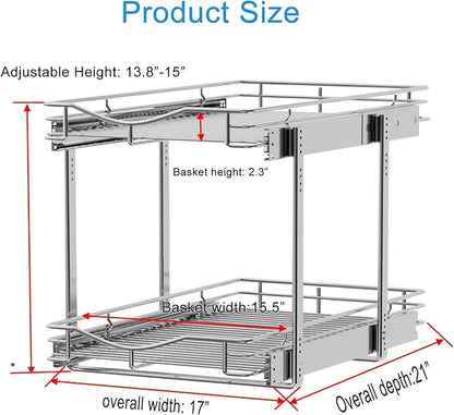 DINDON 2 Tier Pull Out Cabinet Organizer (17" W X 21" D), Double Tier Wire Basket Slide Out Shelf Storage for Kitchen Base Cabinet, Chrome Finish - Image 3