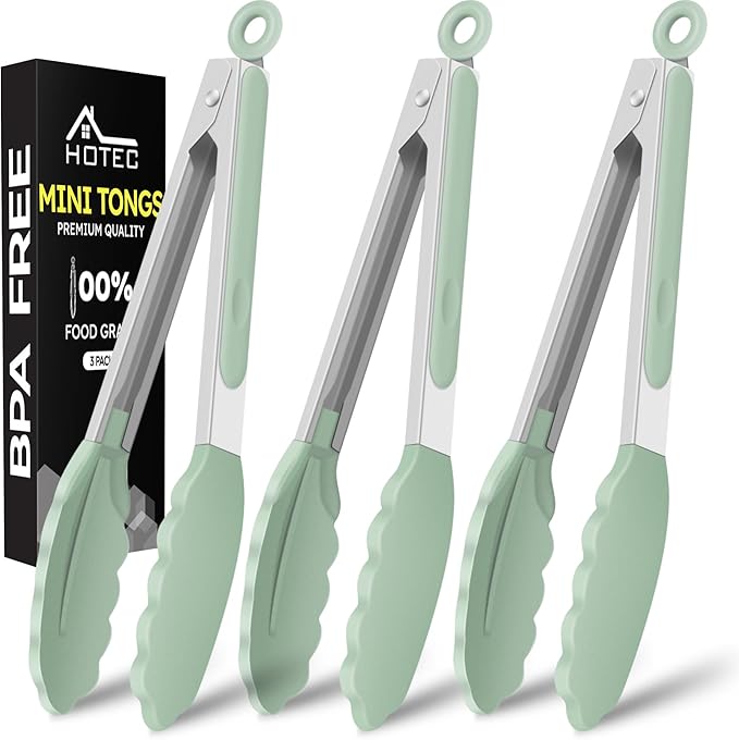 Hotec Mini Silicone Kitchen Tongs for Cooking - 7-Inch Small Serving Tongs with Silicone Tips, Set of 3 (Light Green) by Hotec