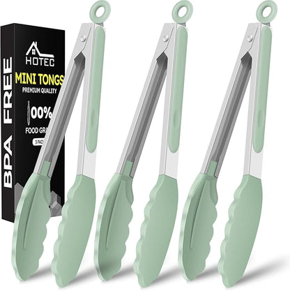 Hotec Mini Silicone Kitchen Tongs for Cooking - 7-Inch Small Serving Tongs with Silicone Tips, Set of 3 (Light Green) by Hotec