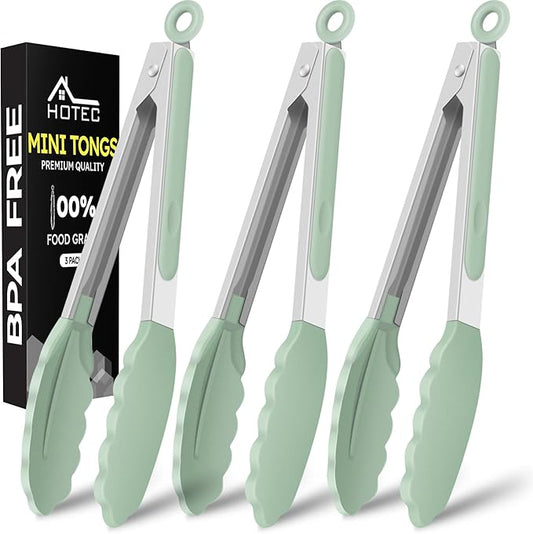 Hotec Mini Silicone Kitchen Tongs for Cooking - 7-Inch Small Serving Tongs with Silicone Tips, Set of 3 (Light Green) by Hotec