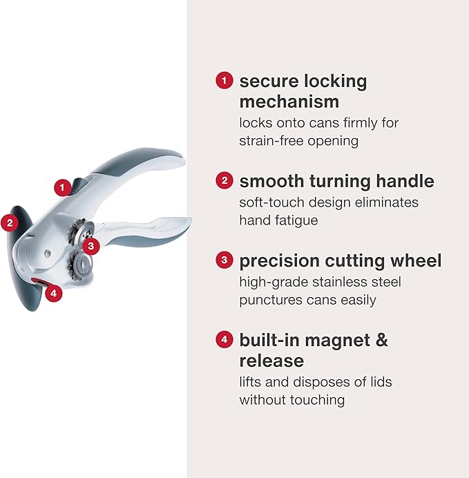 Zyliss Lock N' Lift Can Opener with Lid Lifter Magnet - Manual Opener with Locking Mechanism - Easy-to-Turn - Magnetic Can Opener - White/Gray - Image 4
