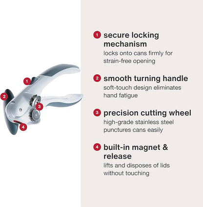 Zyliss Lock N' Lift Can Opener with Lid Lifter Magnet - Manual Opener with Locking Mechanism - Easy-to-Turn - Magnetic Can Opener - White/Gray - Image 4
