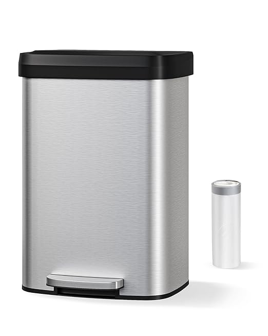 Garvee 13 gal / 50 L Stainless Steel Trash Can with Lid, Large Garbage Can for Kitchen, Rustproof Step-on Kitchen Metal Trash Bin with Liner Rim, Rear Handle, Soft Close Plastic Lid, Silver - Image 7
