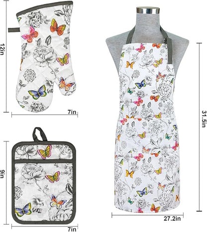 Alselo Oven Mitts and Pot Holders with Chaf Apron,Set of 5 Heat Resistant Kitchen Gloves and Silicone Non-Slip Potholders Adjustable Neck Buckle Apron, Cotton Nice Design for Cooking (Butterfly)