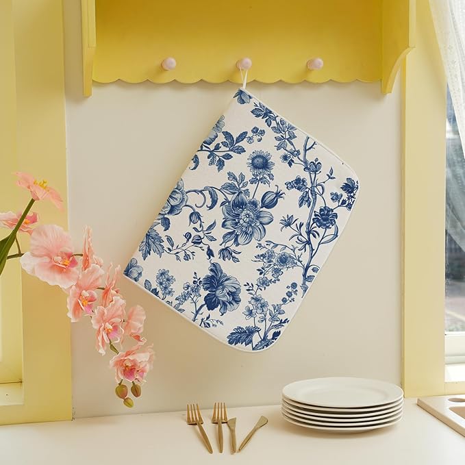 Vintage Blue Dish Drying Mat 18x24 Inch Chinoiserie Navy Blue Floral Drying Mat Flower Spring Summer Seasonal Absorbent Dish Drying Pad Dish Rack Drainer Mats for Kitchen Dining Counter