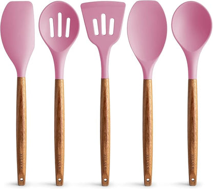 Zulay Kitchen Non-Stick Cooking Utensils Set with Authentic Acacia Wood Handles – 5-Piece Durable & Stylish Silicone Kitchen Utensils Set – Heat Resistant to 464°F – Pink by ZulayKitchen