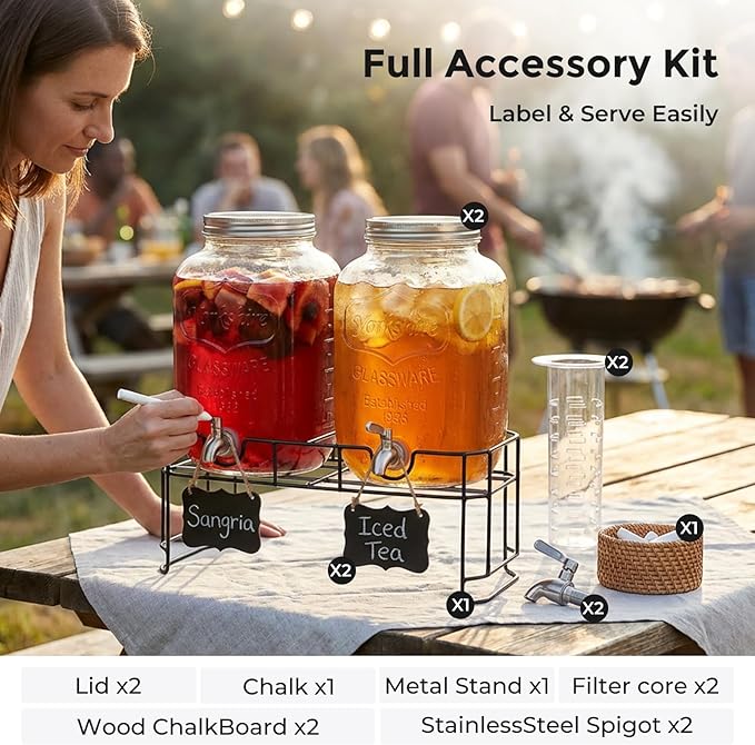 DD&HAPP 2 Gallon Glass Drinks For Parties With Stand.Stainless Steel Spigots & Metal Stand,Large Capacity Beverage Dispenser for Party,Infused Water,Iced Tea,Lemonade,Outdoor,Commercial Use. - Image 3