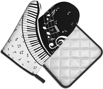 Oven Mitt and Pot Holders Sets - Music Kitchen Mitts Black White Piano Oven Gloves Hot Pads Set of 2 for Cooking BBQ Baking Grilling - Image 2