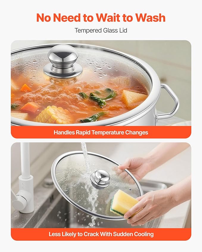 VEVOR Stainless Steel Stock Pot, 21-Quart Stainless Steel Stockpot with Glass Lid, PFOA-Free, PFAS-Free, Compatible with Gas Stoves, Induction Cooktops, Electric Stoves, for Soups, Stews, and Pasta - Image 6