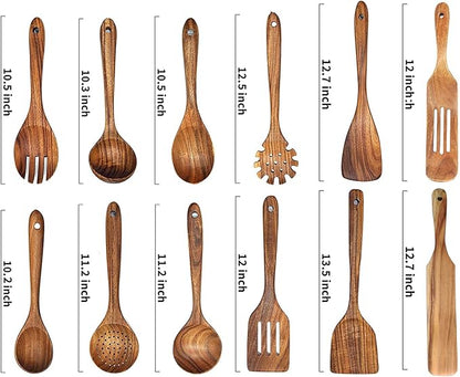 12 Pack Wooden Spoons for Cooking - Natural Teak Kitchen Utensils Set with Spatulas - Image 2