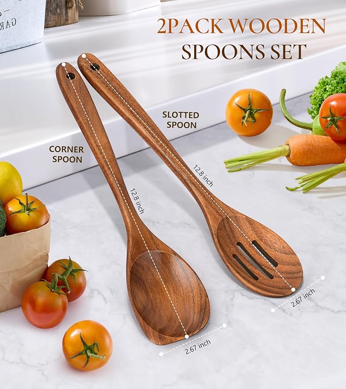 2Pcs Wooden Spoons for Cooking, Natural Premium Teak Wood Corner Spoon & Slotted Spoon, Good Grip Large Cooking Spoons Spatula, Heat Resistant Wooden Kitchen Cooking Utensils Set for Nonstick Cookware - Image 3