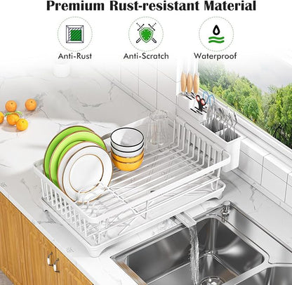 Kmiectse Dish Drying Rack - Space-Saving Small Dish Rack for Kitchen Counter, Rust-Resistant Kitchen Drying Rack, Compact Dish Drainer Organizer with Utensil Holder for Home Kitchen, White - Image 4