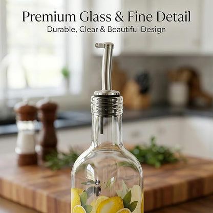 Topadorn 17 oz Olive Oil Dispenser Bottle Set for Kitchen, 2 Pcs Glass Oil Dispenser Bottle with Stainless Steel Pourers, 2 Packs of Napkins, Lemon