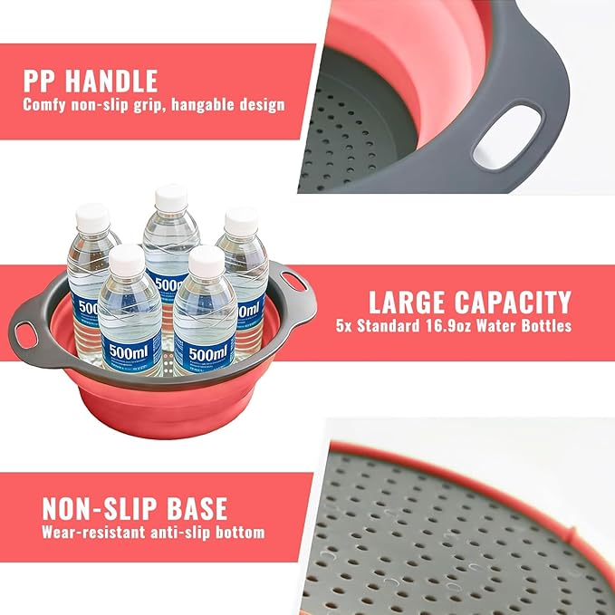 2 Pack Collapsible Silicone Colander with Handle, Over Sink Foldable Food Strainer, BPA-Free Space Saving Drain Basket for Vegetables, Fruits, Pasta, Kitchen & Camping (Red) - Image 5