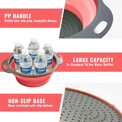 2 Pack Collapsible Silicone Colander with Handle, Over Sink Foldable Food Strainer, BPA-Free Space Saving Drain Basket for Vegetables, Fruits, Pasta, Kitchen & Camping (Red) - Image 5