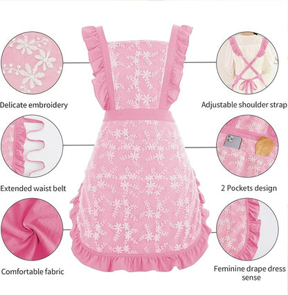 Pinknoke Vintage Pinafore Apron Dress for Women with Pockets Cute Floral Chef Aprons for Kitchen Cooking Baking Gardening - Image 5