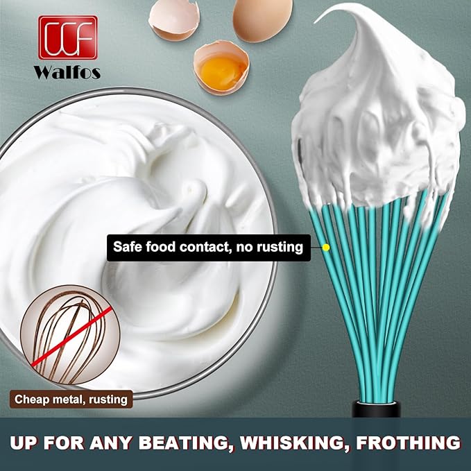 Walfos Silicone whisk,Whisks for Cooking Non Scratch, BPA Free whisk set of 4, 7+9+11in Balloon Whisks & 11in Flat Whisk, Heat Resistant(480°F).Great for Cooking in Pans, Baking, Whisking.Blue - Image 4