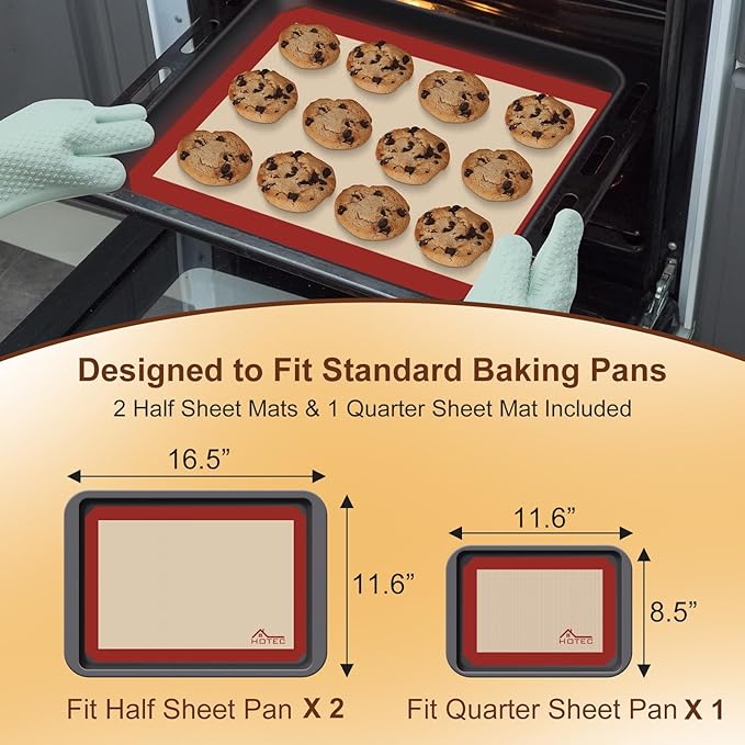 HOTEC Silicone Baking Mats 3 Pack – Non-Stick Reusable Silicone Baking Sheets for Oven – Cookie & Macaron Mats – 2 Half Sheet + 1 Quarter Sheet – BPA-Free, Dishwasher Safe - Image 3