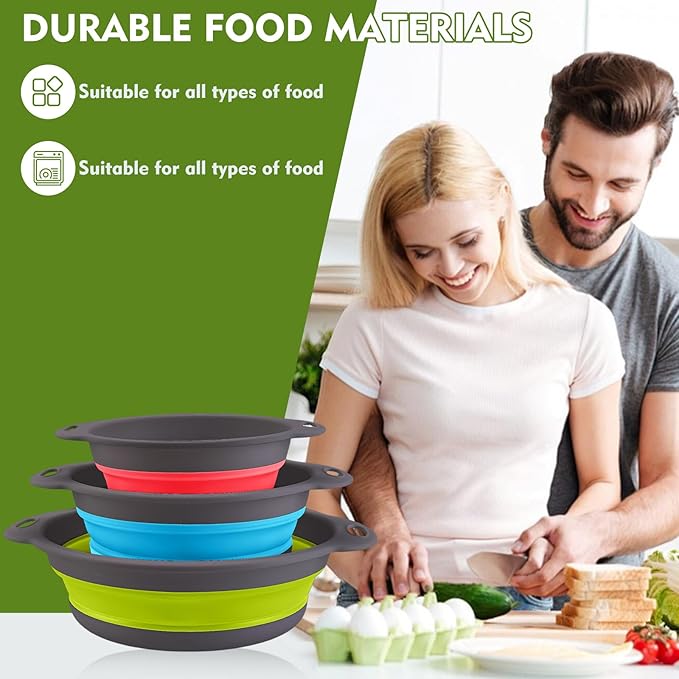 Silicone Colander Collapsible Strainers Set for Kitchen- 3 Pack (3Qt, 4Qt,5Qt) -Over Home Draining Basket, Food Vegetables & Fruits-Dishwasher Safe, BPA Free Space Saving Design (Green,Blue,Red) - Image 6