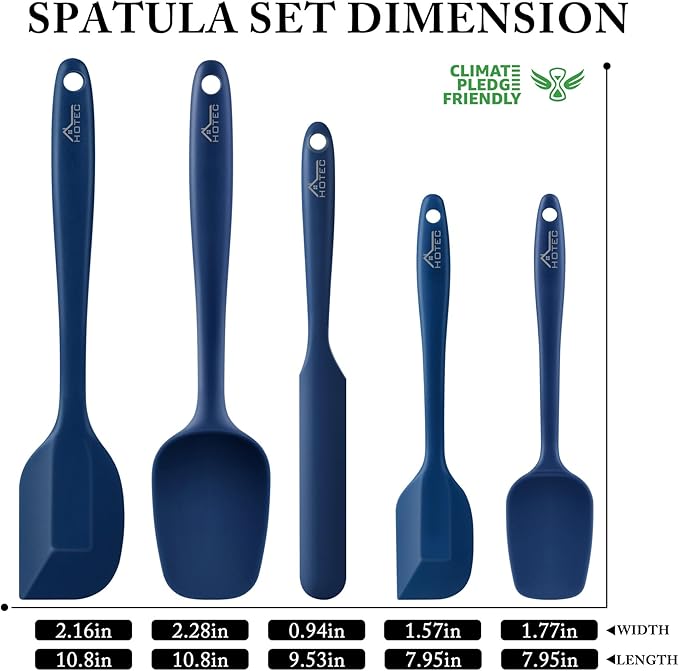 HOTEC 600℉ Heat Resistant BPA-Free Silicone Rubber Spatula Set, Kitchen Cooking Spatulas, Baking, Mixing, for Non Stick Cookware, Dishwasher Safe, Classic Blue Set of 5 - Image 2