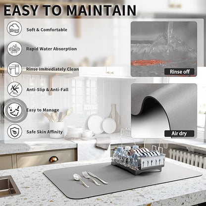 HotLive Dish Drying Mat for Kitchen Counter, Heat Resistant Drainer Mats with Non-slip Rubber Backed, Hide Stain Kitchen Super Absorbent Draining Mat, Easy to Clean Dish Rack Pad, Grey 16"x20" - Image 4