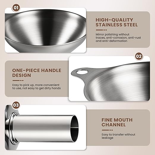 Supercenter Kitchen Funnel, Stainless Steel Mini Funnel, Set of 3, Perfect for Transferring Liquids, Oils, Powders, Spices, with Round Ring and Cleaning Brush