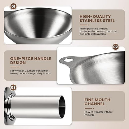 Supercenter Kitchen Funnel, Stainless Steel Mini Funnel, Set of 3, Perfect for Transferring Liquids, Oils, Powders, Spices, with Round Ring and Cleaning Brush