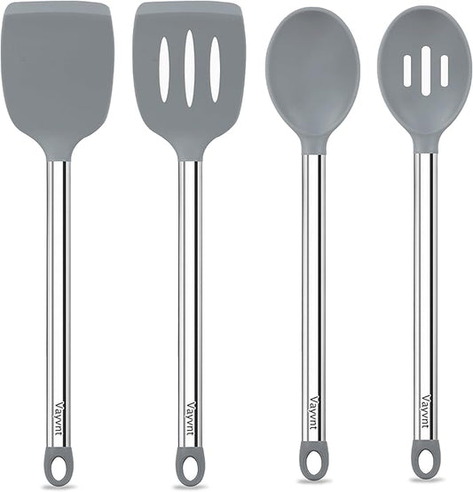 Vayvnt 4 PCS Cooking Utensils Set, Silicone Kitchen Spatula Set for Cooking, Non Toxic Silicone Kitchen Utensils with Stainless Steel Handle, Spoon and Turner, Heat Resistant&Dishwasher Safe, Gray