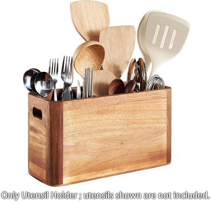12" Wooden Kitchen Utensil Holder, Extra Large Acacia Wood Organizer for Cooking Tools, Utensils & Cutlery Storage – 3-Compartment Countertop Holder