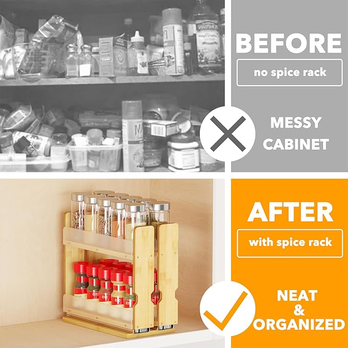 SpaceAid Bamboo Pull Out Spice Rack Organizer for Cabinet, Heavy Duty Slide Out Seasoning Kitchen Pantry Sliding Vertical Organization, 5.1" Wide, 2 Drawers(2" Wide), 2-Tier, Natural - Image 2
