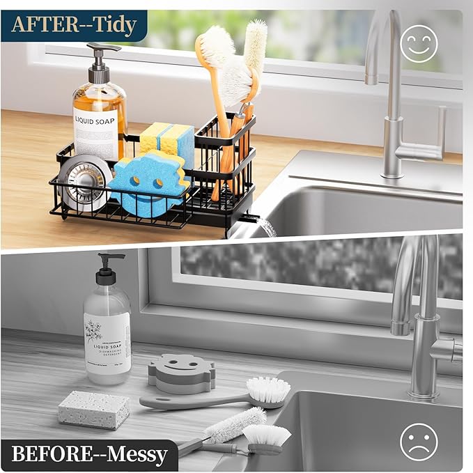 Consumest Sponge Holder for Kitchen Sink - Auto Draining Sink Caddy Organizer with Detachable Rack, High Brush Holder, Kitchen Countertop Storage Accessories, Black - Image 7