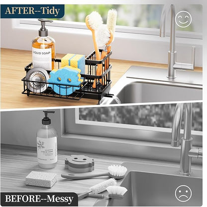 Consumest Sponge Holder for Kitchen Sink - Auto Draining Sink Caddy Organizer with Detachable Rack, High Brush Holder, Kitchen Countertop Storage Accessories, Black - Image 7
