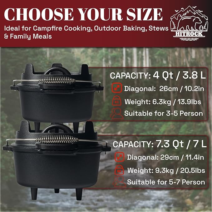 HITROCK Cast Iron Camp Dutch Oven with Legs 7QT, Pre-Seasoned Camping Dutch Oven with Lid, Outdoor Pot with Lid Lifter, Storage Bag & Handle for Camping, Baking, Grilling, Rounded-square Shape
