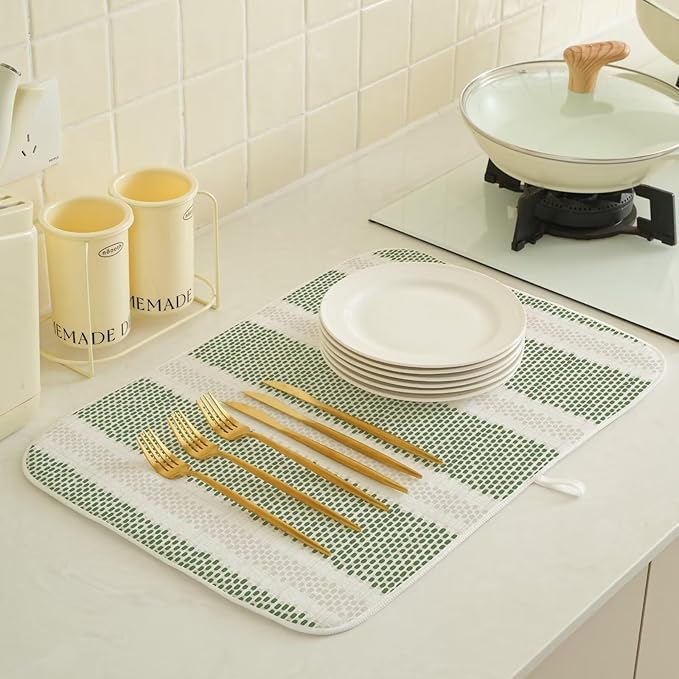 Boho Sage Green Dish Drying Mat 18 x 24 inch Modern Geometry Polka Dot Striped Decorative Drying Mats Microfiber Absorbent Dish Washable Draining Mat for Kitchen Counter Decor