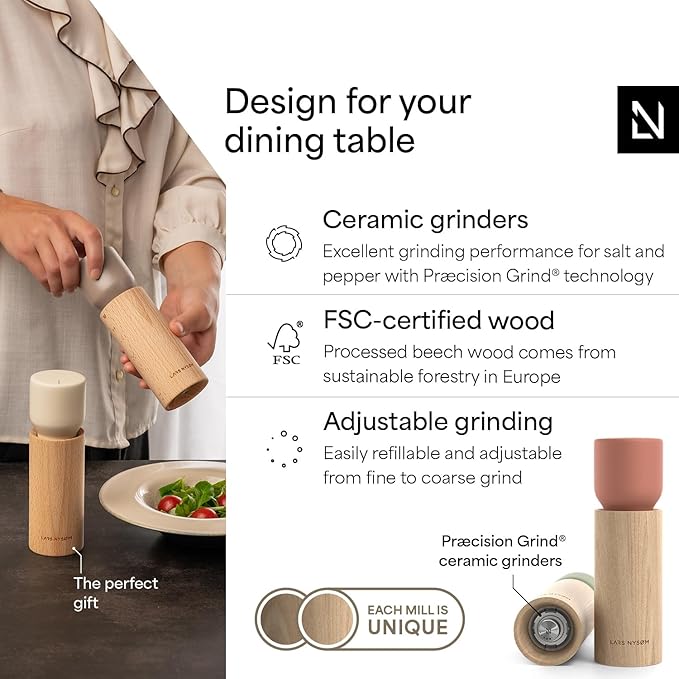 LARS NYSØM Wooden Salt and Pepper Grinder Set Manual - Salt and Pepper Mills with Adjustable Ceramic Grinder - Elegant Beechwood Pepper and Salt Mill Set for Dining Table (Red/Green)