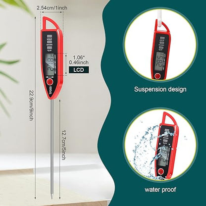 Copkim Instant Read Meat Thermometer with Long Probe 9.65 Inch Kitchen Cooking Food Candy Waterproof Digital Thermometer for BBQ Water Milk Yogurt Liquid(Pointed,Red) - Image 2