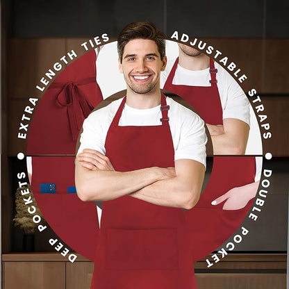 Adjustable Bib Apron 100% Polyester Kitchen Aprons Waterdrop Resistant Aprons with Adjustable Strap, Pockets & Long Ties