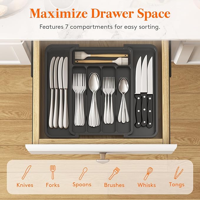 Lifewit Silverware Drawer Organizer, Expandable Utensil Tray for Kitchen, BPA Free Flatware and Cutlery Holder, Adjustable Plastic Storage for Spoons Forks Knives, 8.9-14.7 x 12.2", Black - Image 5