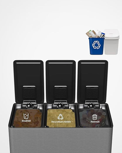 Garvee Triple Kitchen Trash Can, 3 x 4 Gal Stainless Steel Recycling Bin Combo, 3 Compartment Garbage Can with Soft-Close Step Lid, 15L Bins, Silver - Image 6