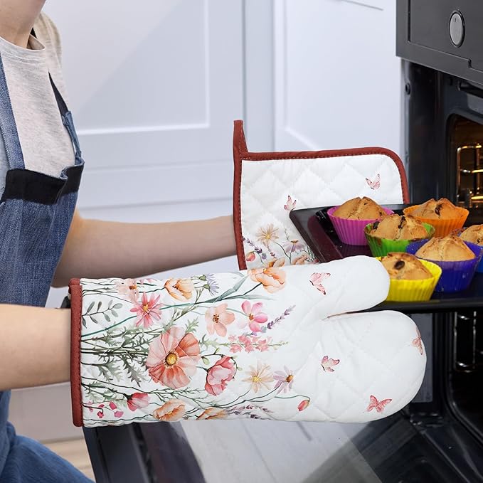 Pink Floral Oven Mitts and Pot Holders Sets 4Pcs, 100% Cotton Heat Resistant, Extra Long Oven Gloves Potholder for Kitchen Cooking Baking Decoration, Housewarming Gifts for Mom - Image 6