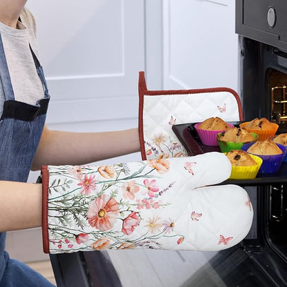 Pink Floral Oven Mitts and Pot Holders Sets 4Pcs, 100% Cotton Heat Resistant, Extra Long Oven Gloves Potholder for Kitchen Cooking Baking Decoration, Housewarming Gifts for Mom - Image 6