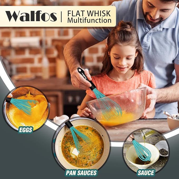 Walfos Silicone whisk,Whisks for Cooking Non Scratch, BPA Free whisk set of 4, 7+9+11in Balloon Whisks & 11in Flat Whisk, Heat Resistant(480°F).Great for Cooking in Pans, Baking, Whisking.Blue - Image 8