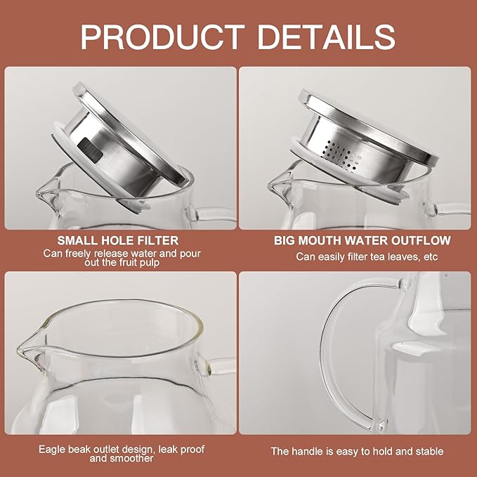 128oz Glass Pitcher with Lid,1 Gallon Glass Water Pitcher Hot/Cold Water Jug, 3.7LJuice and Iced Tea Beverage Carafe with Lid - Image 7