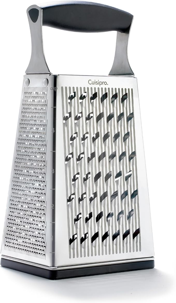 Cuisipro Stainless Steel Cheese Grater with Handle, 4 Sided Box Grater for Kitchen, Ginger Grater Dishwasher Safe, Fruit and Vegetables Slicer, Cheese Shredder for Potato, Chocolate, Parmesan, Ginger by Cuisipro
