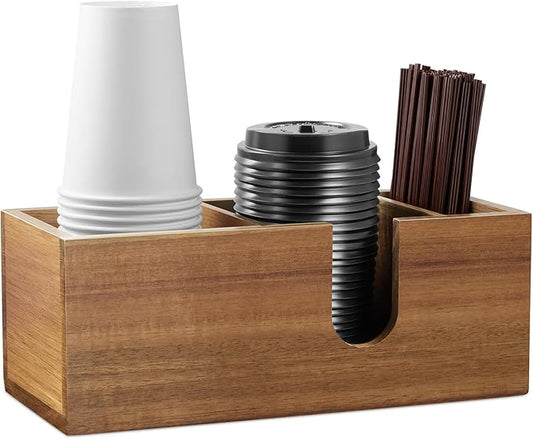 ALELION Acacia Wood Coffee Cup Holder for Countertop - Wood Coffee Bar Accessories and Organizer - Coffe Station Organizer for Cup Lid Stirrers Pod by ALELION